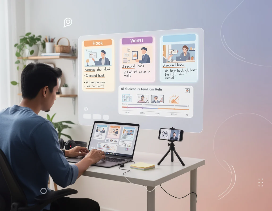 Ilustrasi kreator menyusun tiga versi hook Reels edukasi dengan catatan retensi dan draft AI video