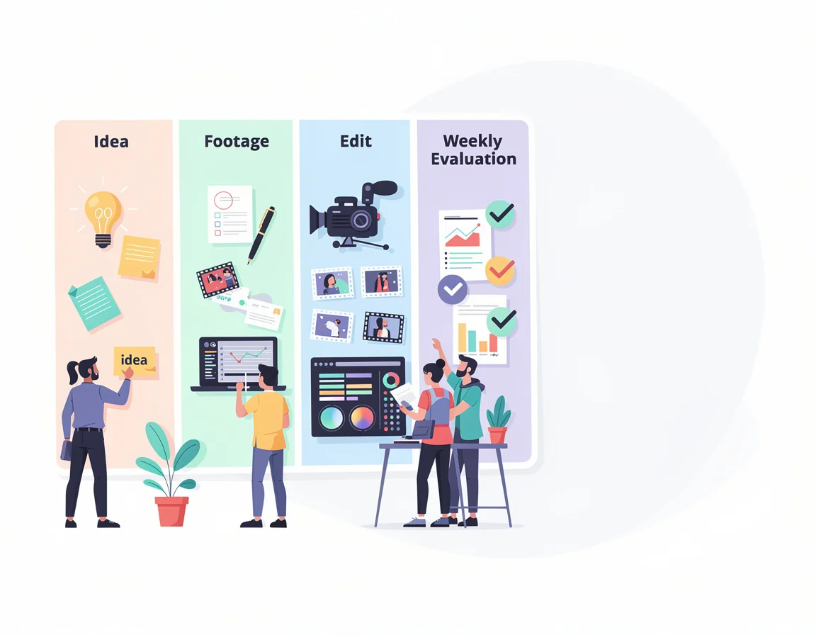 Checklist sprint produksi video pendek dengan kolom ide. skrip. footage. edit. dan evaluasi mingguan